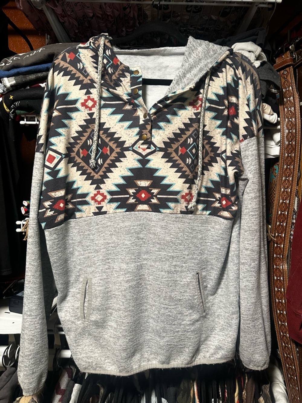 Aztec Print Hoodie with Light Gray Lining
